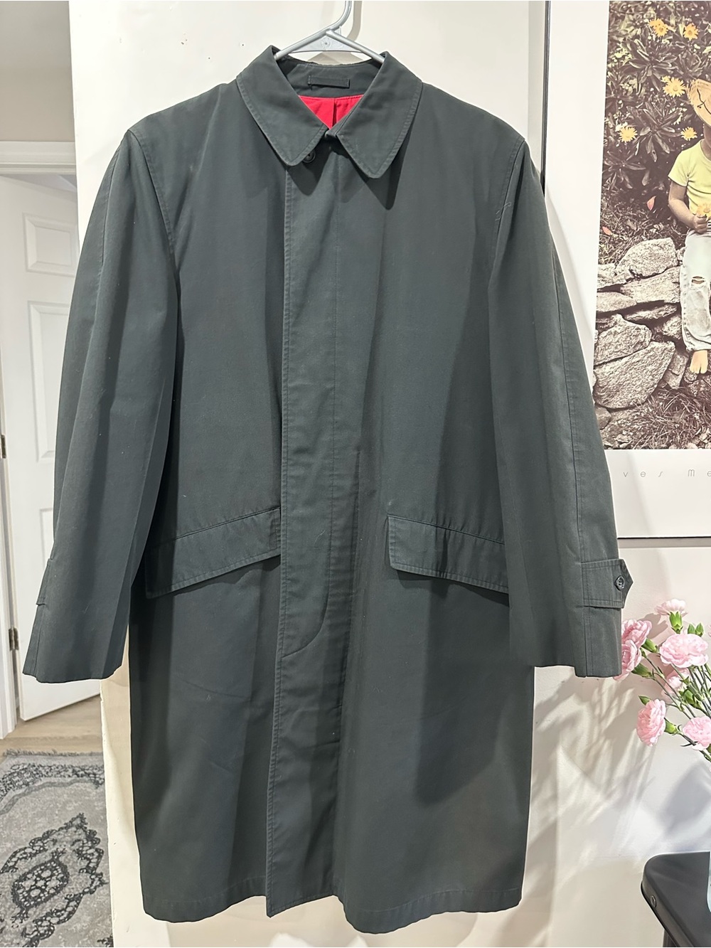London Fog Dark Green Trench Coat with Red Lining